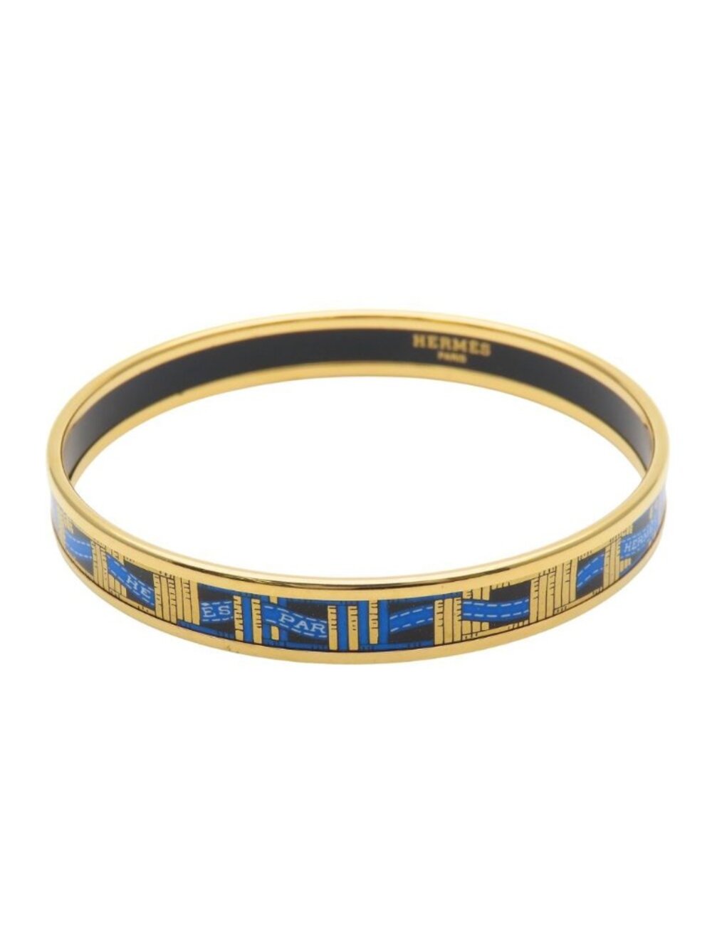 Hermes Bracelet Enamel PM Metal Blue Gold Black Plated Ribbon